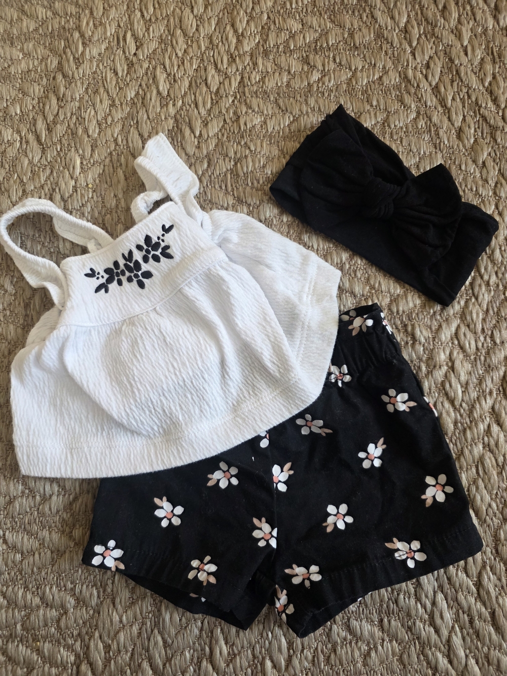 Carter's Black Floral Shorts with White Embroidered Tank and Black Headband Set